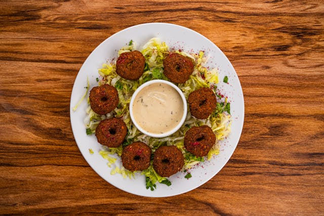 Falafel balls and wine.